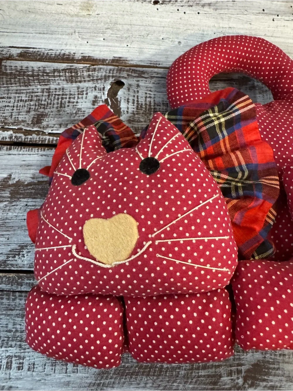 Red Polka Dot Cat Accent Pillow with Plaid Bow -VINTAGE